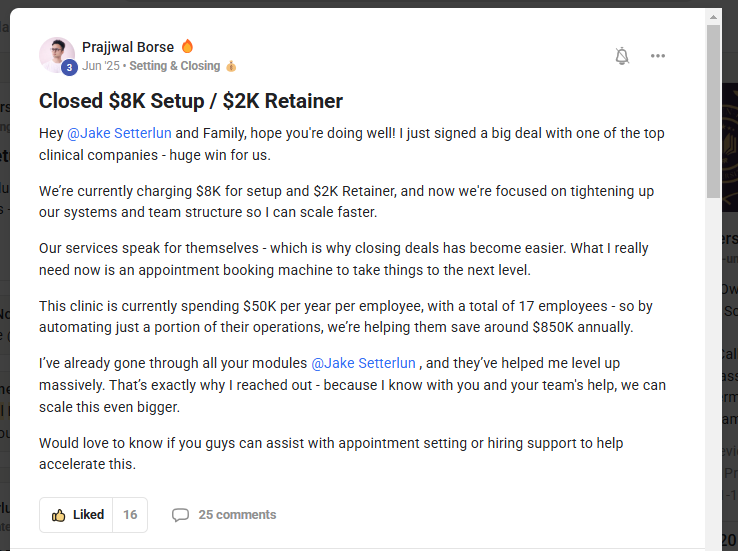 Prajwal Borse — Closed $8K setup and $2K retainer