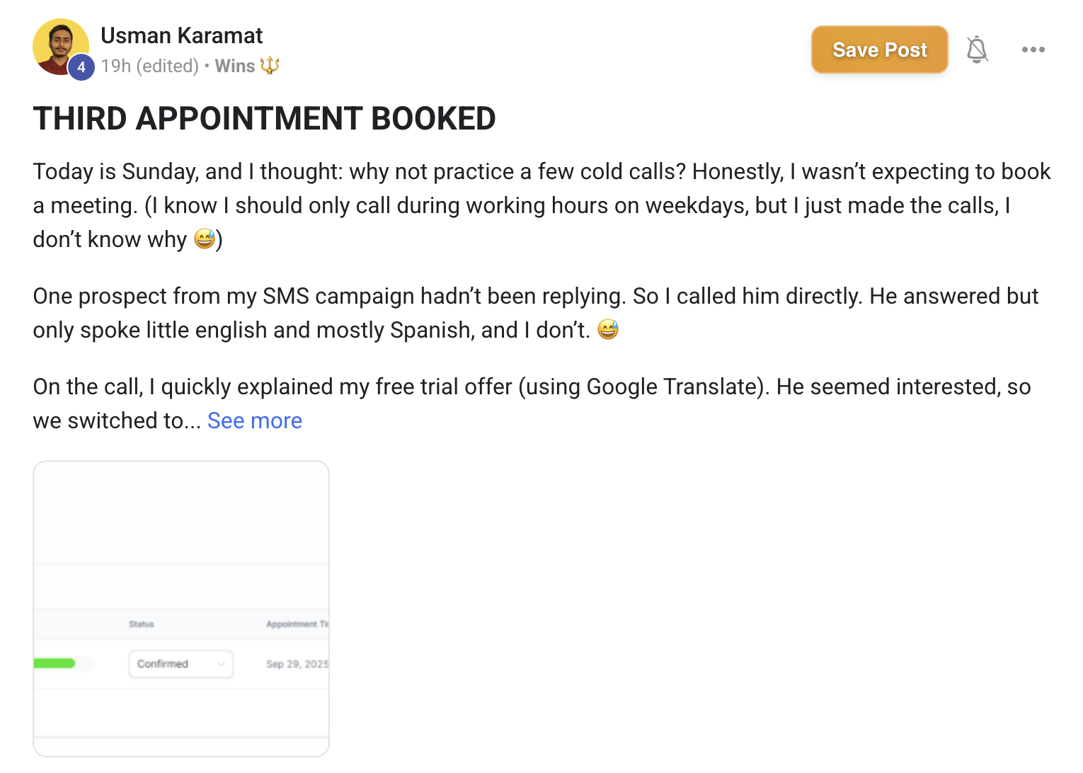 Usman Karamat — Third appointment booked from cold calling follow up