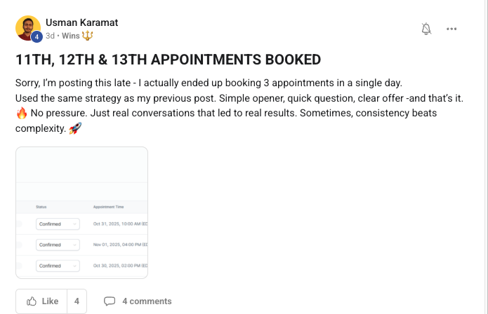 Usman Karamat — 11th, 12th, and 13th appointments booked in one day