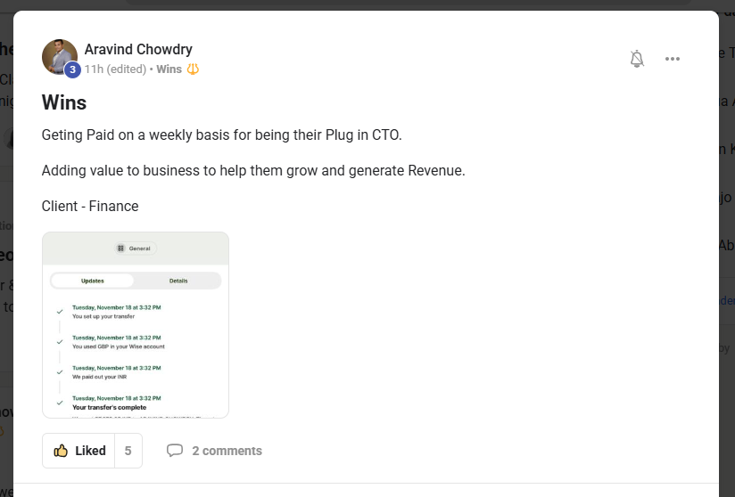 Aravind Chowdry — Getting paid weekly as a plug in CTO