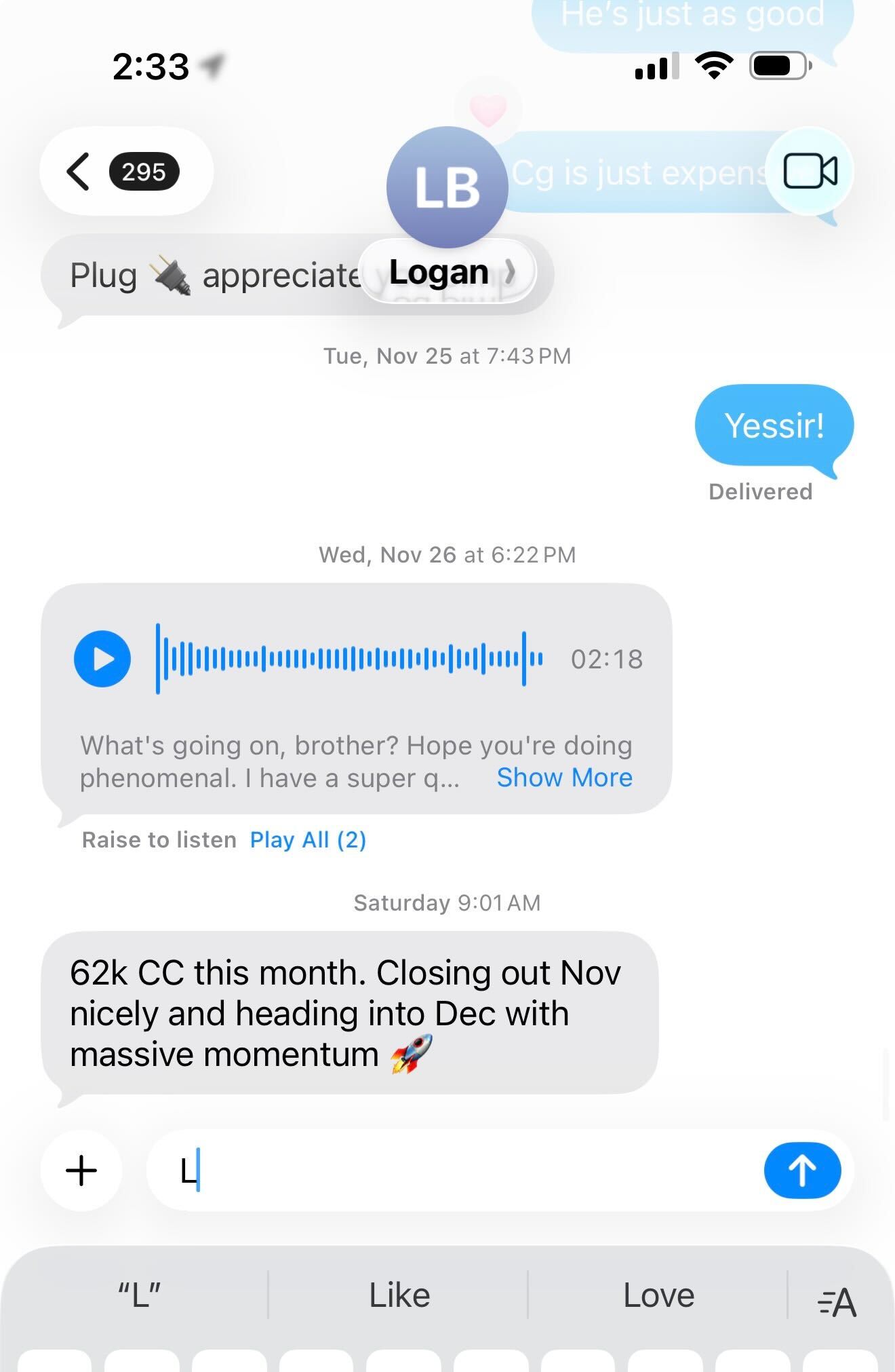 Logan Bingham — Closed out the month with $62K in collected cash