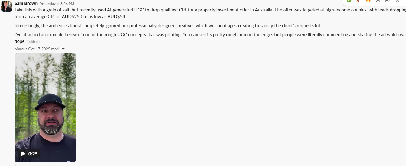 Sam Brown — AI UGC dropped CPL from AUD$250 to AUD$54
