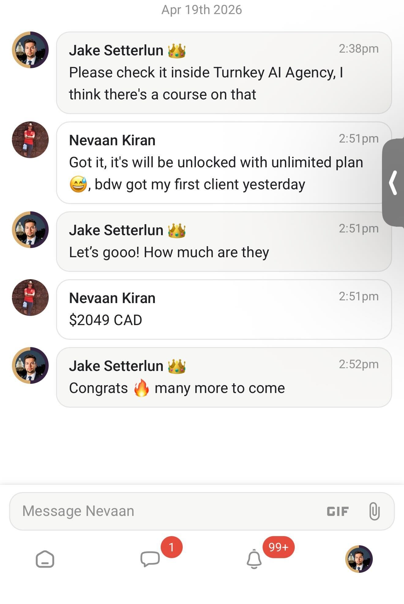 Nevaan Kiran — Closed the first client for $2,049 CAD